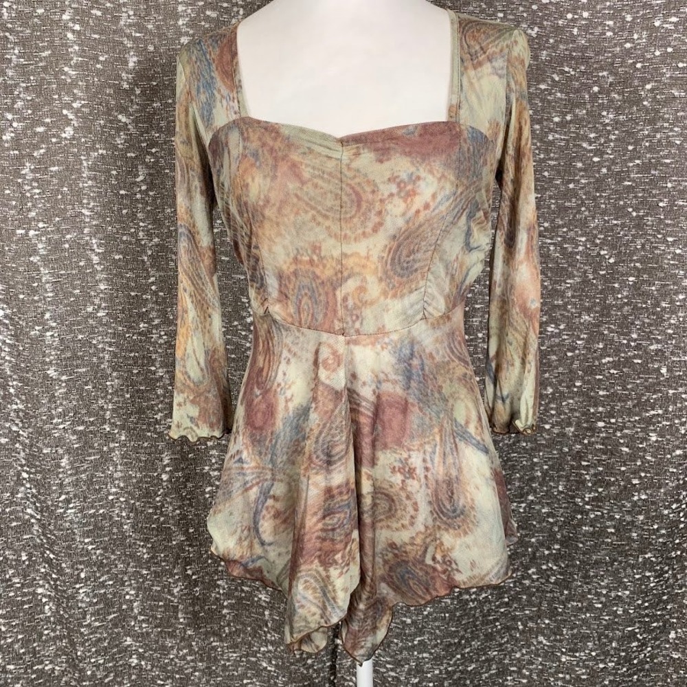 Cha Cha Vente Paisley Mesh Top Asymmetrical Boho Whimsigoth Fairy Women's Small
